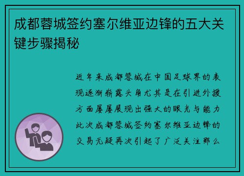 成都蓉城签约塞尔维亚边锋的五大关键步骤揭秘 成都蓉城签约塞尔维亚边锋的五大关键步骤揭秘