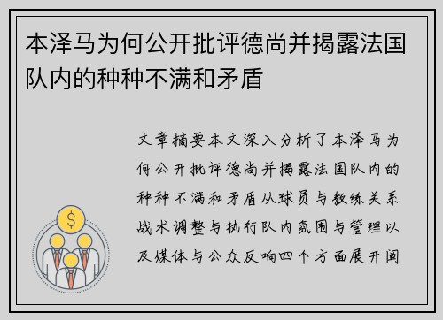 本泽马为何公开批评德尚并揭露法国队内的种种不满和矛盾
