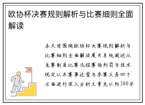 欧协杯决赛规则解析与比赛细则全面解读