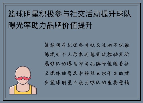 篮球明星积极参与社交活动提升球队曝光率助力品牌价值提升