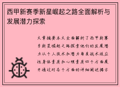 西甲新赛季新星崛起之路全面解析与发展潜力探索